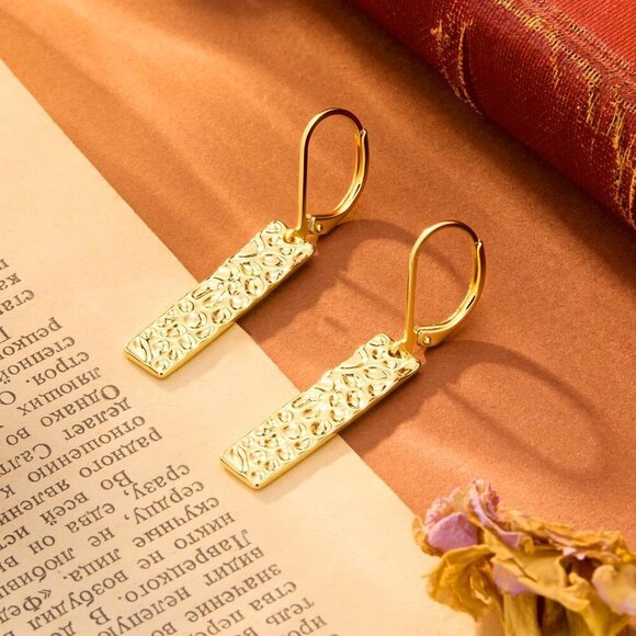 14K Gold Plated French Lightweight Square Bar Long Drop Leverback Earrings - Picture 5 of 8